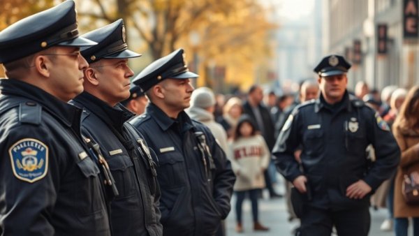 Police officers in crowd at a public event related to sanctuary policing policies.