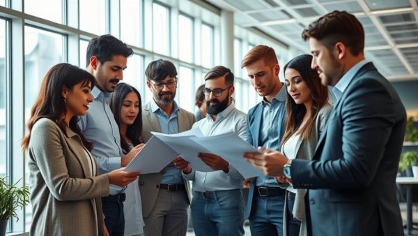 Team collaborating in a bright office, reviewing paperwork on how to conduct a background check.