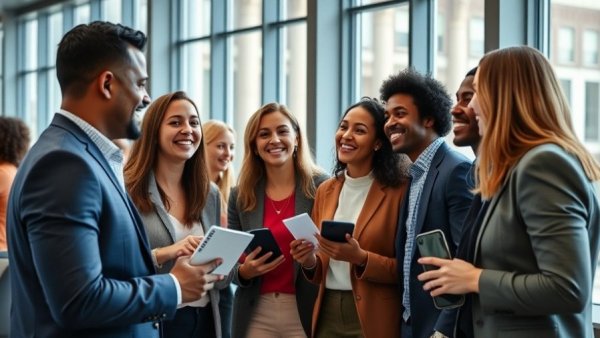 Diverse professionals discussing entrepreneurship growth in America indoors.