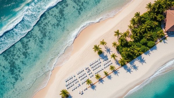 Aerial view of Tulum beach resort with ocean and greenery.