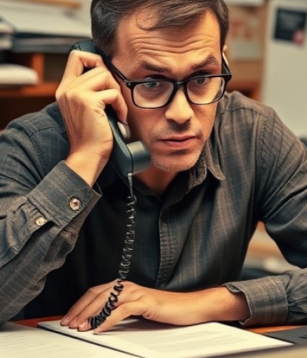 Frustrated marketer on phone at cluttered desk, struggling with tasks.