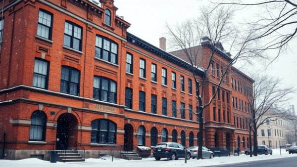 Historic brick building with snowfall, addressing climate solutions.