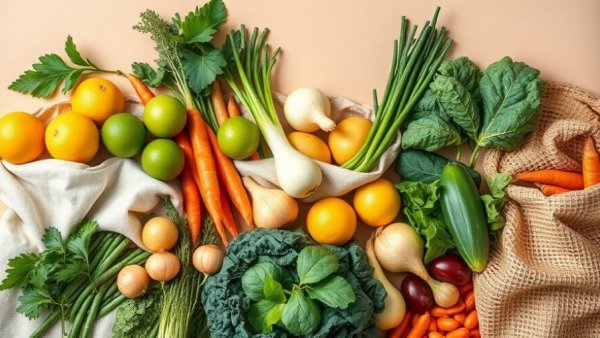 Fresh vegetables and fruits promoting fiber health benefits for aging.