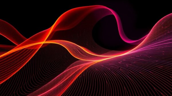 Abstract flowing lines with orange and purple gradient on black background.