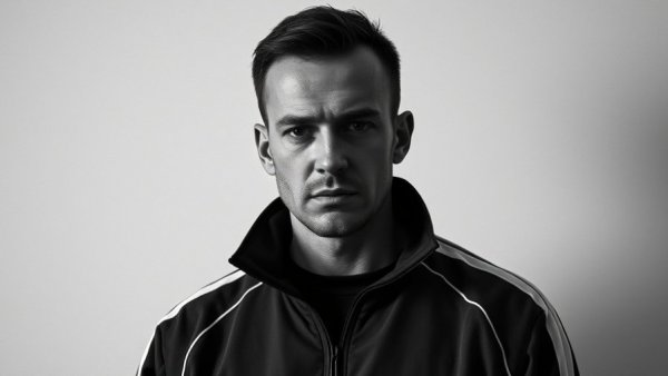 Somber man apologizing, wearing a track jacket, serious expression.