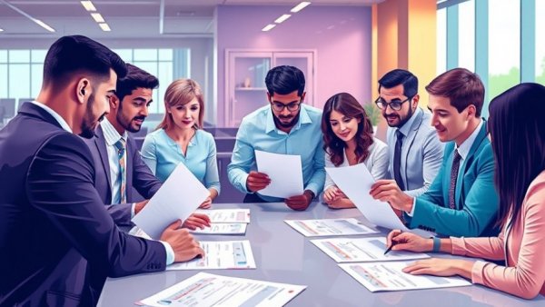 Business meeting reviewing customer feedback survey templates.