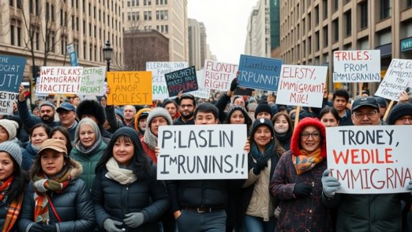 Protestors rallying for ICE watch hotlines and immigration resources.
