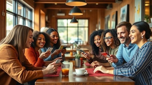 Group engaged with loyalty cards and phones in a café, boosting customer retention.