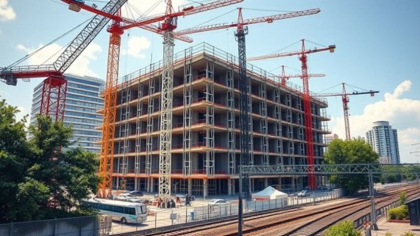 Construction site addressing housing affordability crisis solutions with large building.