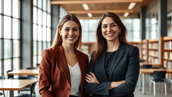 Illinois libraries legal assistance program: Two professional women smiling in a library.