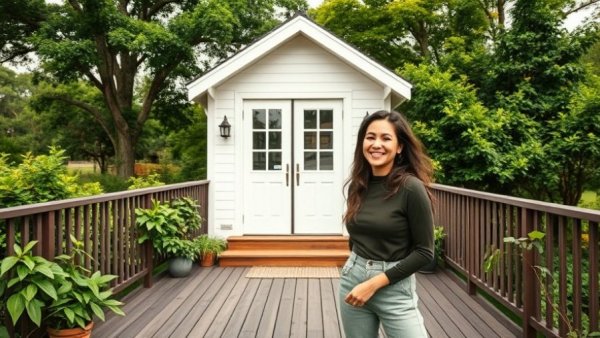 Smiling woman welcoming guests, tiny home on wheels, Portland.