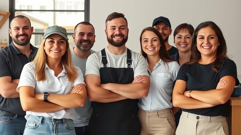 Diverse small business owners smiling together, celebrating success.
