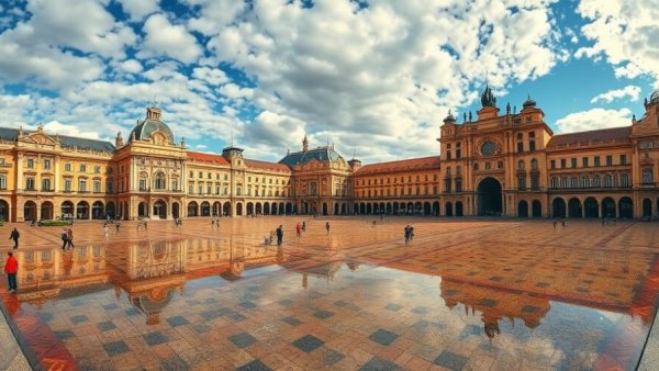 Seville Plaza de España with canal and fountain, showcasing architectural grandeur.