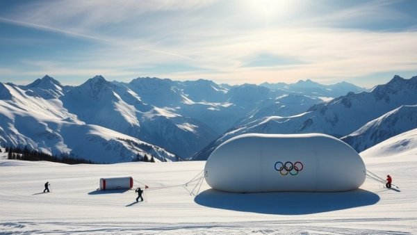 Olympic ski training park with airbags in snowy mountains.