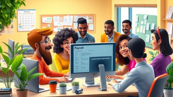 Diverse team using Payroll and HR Software for Small Businesses in a vibrant office.