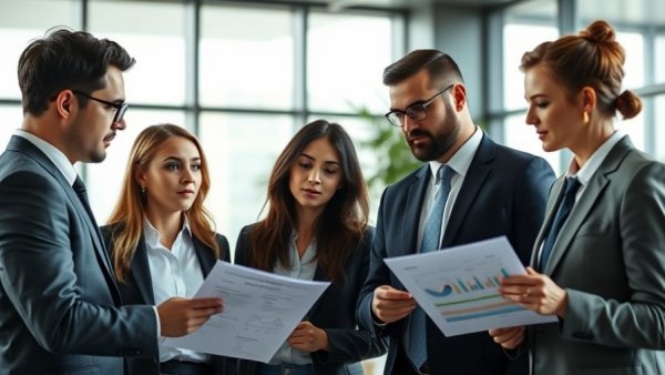 Business team collaborates on internet reputation management services in office.