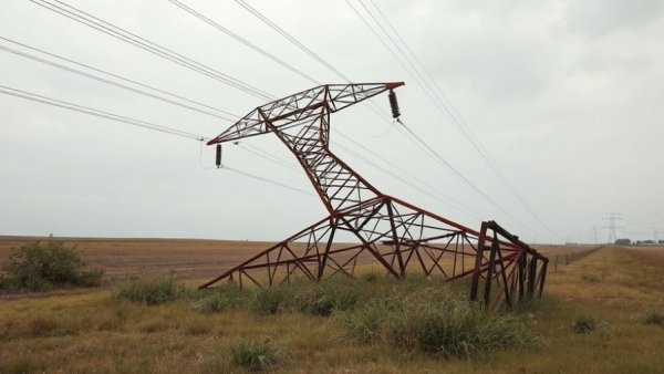 Rusted power line tower fallen in an open field.