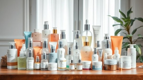 Diverse product line samples displayed on a wooden table in bright setting.