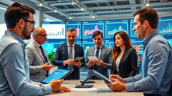 Corporate team using digital rewards software in a modern office.