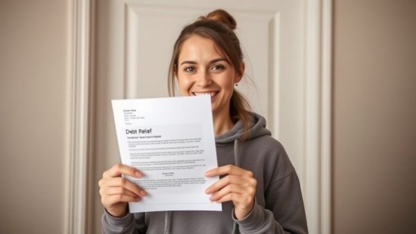 Young woman celebrating Kentucky medical debt relief indoors.