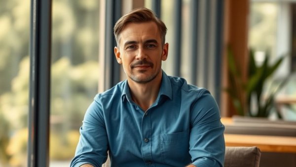 Calm man in blue shirt representing unthreatening upward comparison.