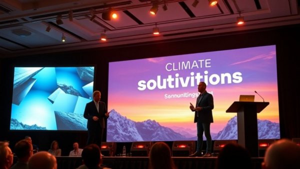 Nature Powered Solutions conference with speakers discussing climate leadership.