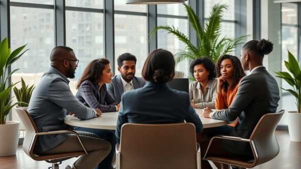 Diverse team discussing conflict resolution in office setting.