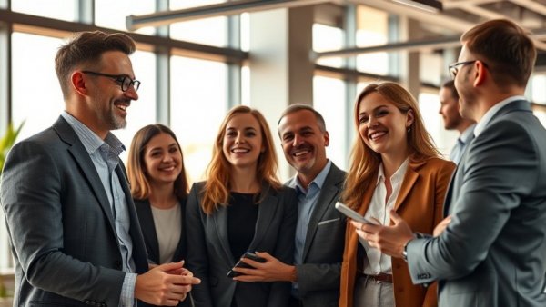 Diverse business team sharing a positive recruitment experience in a well-lit office.