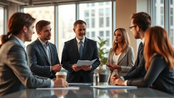 Business team discussing customer service standards in a sunny office.
