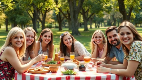 Team enjoying picnic as a team outing suggestion in a sunny park.