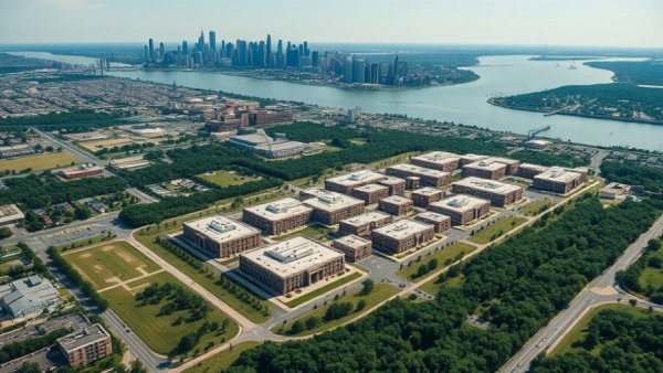 Rikers Island correctional facility with NYC skyline view, David Ruggles.