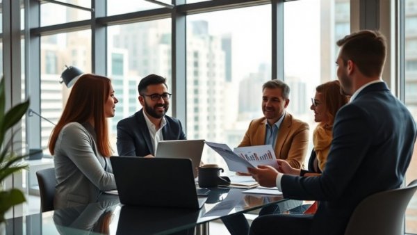 Diverse team discusses referral marketing strategies in modern office.