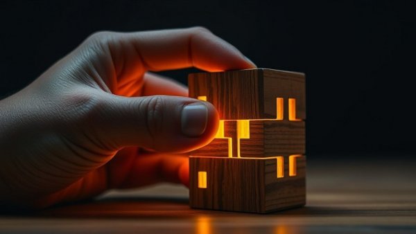 Hand assembling a glowing wooden puzzle cube, symbolizing CEO operating model effectiveness.