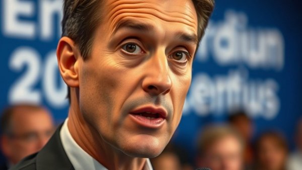 Unidentified man speaking against a blue backdrop at an event