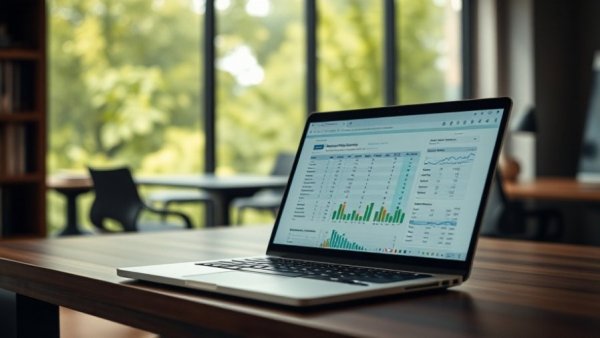 Modern laptop with 1-120Hz panel displaying spreadsheet in office setting.