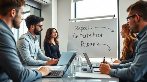 Corporate team strategizing online reputation repair services.