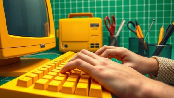 Surreal collage of coding setup with retro computer for non-technical founders.