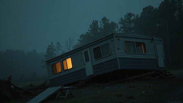 Tilted mobile home in mist, untangling land titles for disaster aid