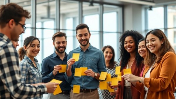 Diverse team in a fun team-building game with sticky notes
