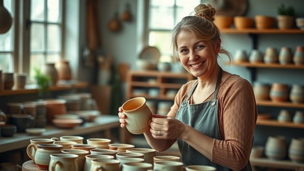 Cheerful artisan in pottery studio crafting ceramics.