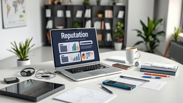 Workspace with laptop showing essential online reputation management tools.