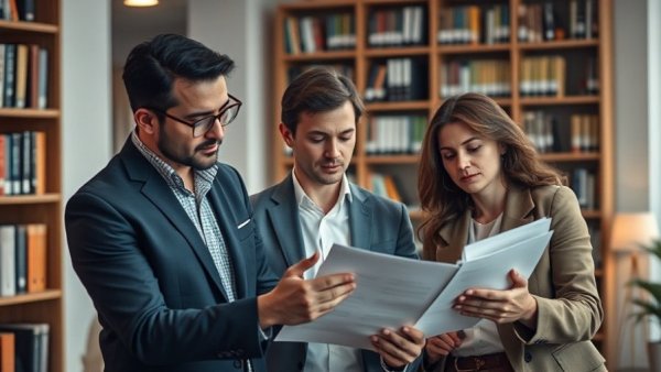Professional team reviewing documents in office during a Level 2 background check.