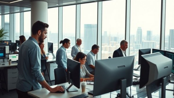 Professionals analyzing data in modern office with loyalty rewards platforms.