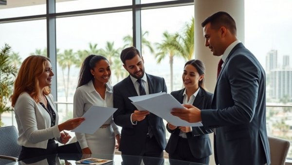 Corporate meeting in Florida office with background checks theme.