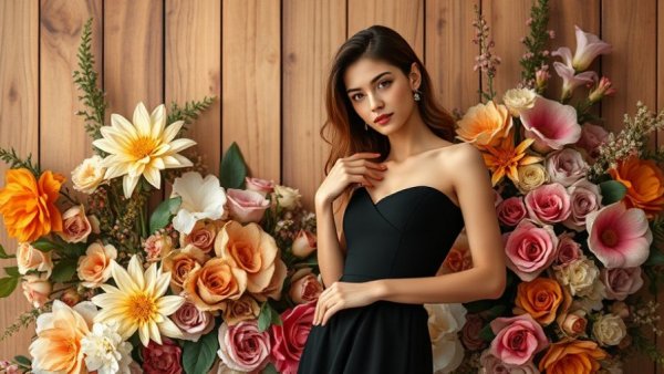 Elegant woman wearing a Movado watch with a floral background.