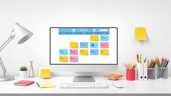 Organized desk with social media calendar and tools in flat design.