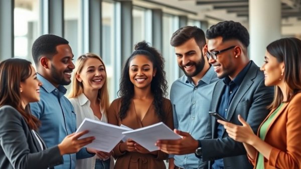 Diverse team consulting on employee benefits in a modern office.