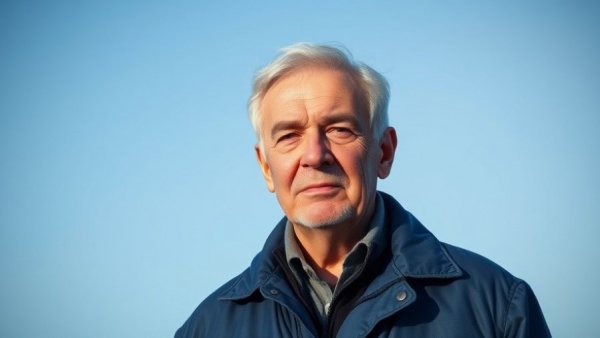 Distinguished older man in blue jacket reflecting on life choices outdoors.