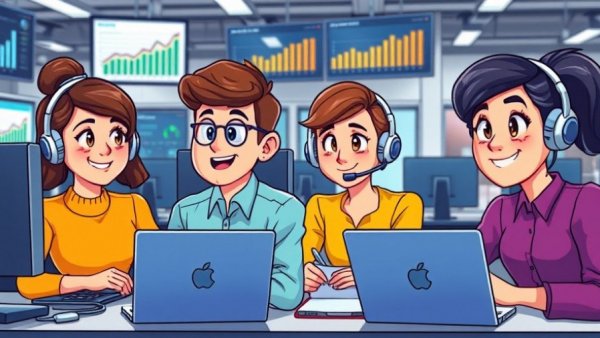 Cartoon customer service agents conducting surveys in a modern office.