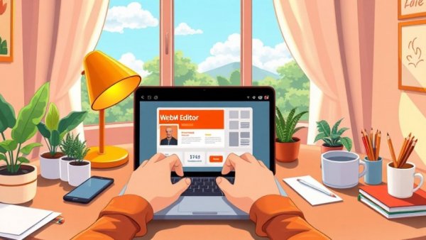 Cartoon of Free WebM Editor Online on laptop in cozy workspace.